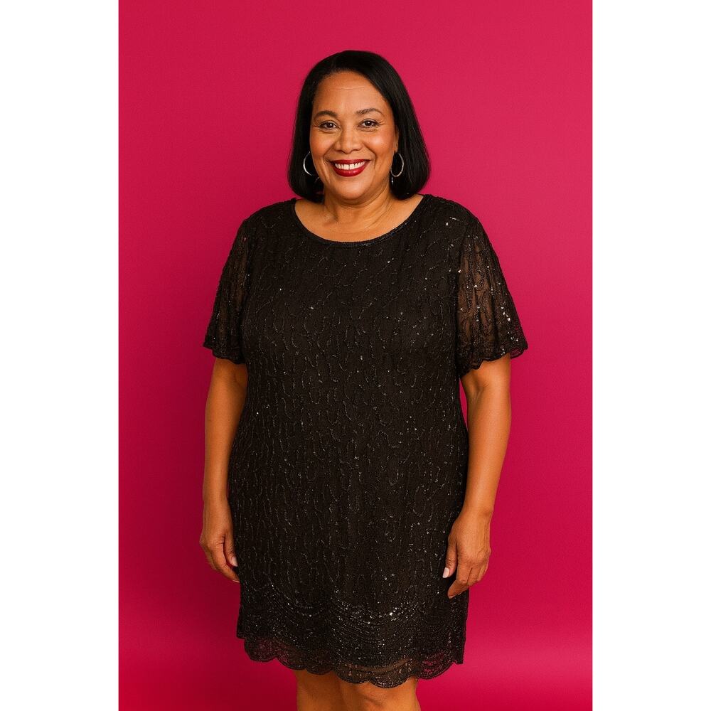 Brilliante Beaded Silk Cocktail Dress Black Tunic Overlay No‎ Stretch Elegant 1X